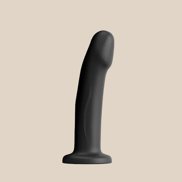 Black silicone dildo with smooth texture and flared base on neutral background