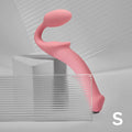 Curved pink silicone vibrator with ergonomic design on a modern, minimal background.