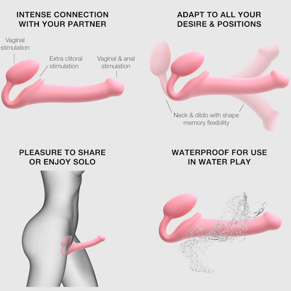 Pink flexible dual-ended adult toy for shared or solo use, waterproof and body-safe.