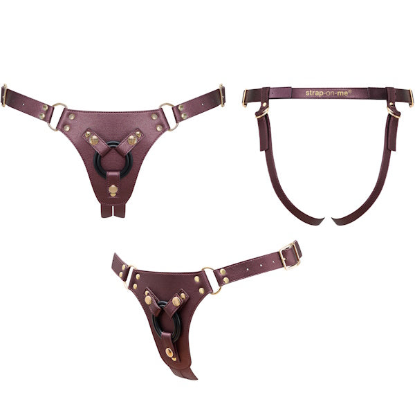 Adjustable brown faux leather strap-on harness with gold hardware, shown from three angles