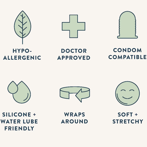 Sex toy features icons: hypoallergenic, doctor approved, condom compatible, lube safe, wraps around, soft stretchy.