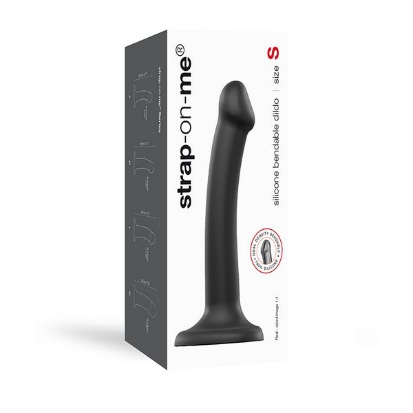 Boxed silicone bendable dildo with suction base, size S, in black color
