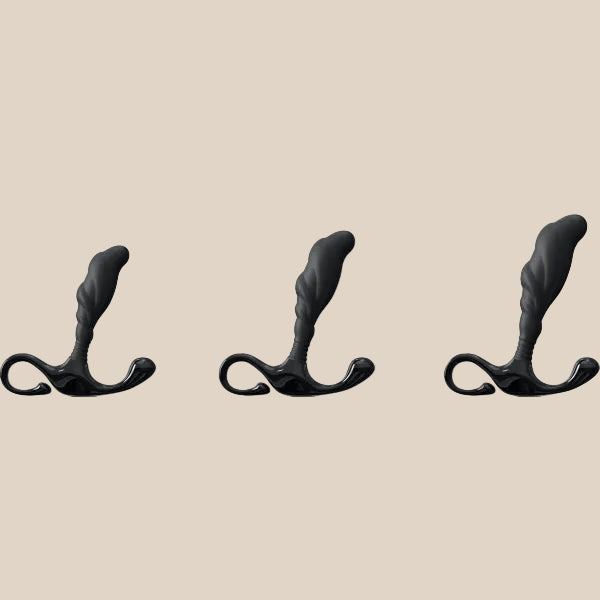 Three black silicone prostate massagers displayed on a neutral background.