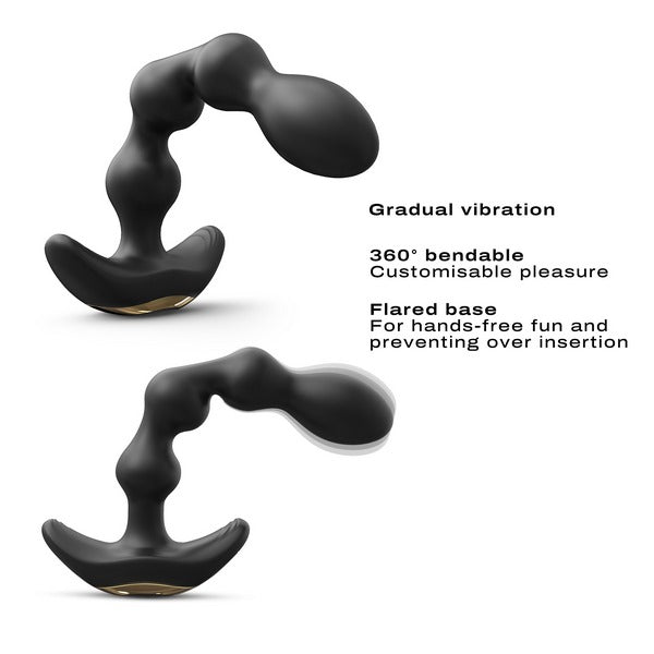 Black silicone bendable vibrating anal plug with flared base and gold accent, described features.