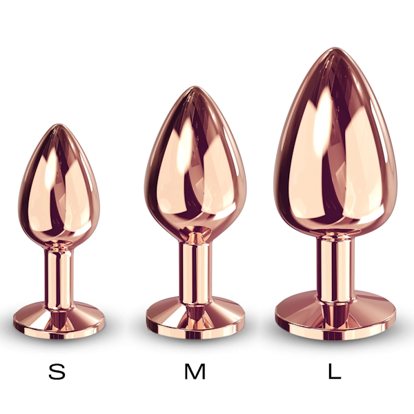 Set of three rose gold metal plug toys in small, medium, and large sizes on white background