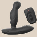 Black silicone prostate massager with wireless remote control on a neutral background