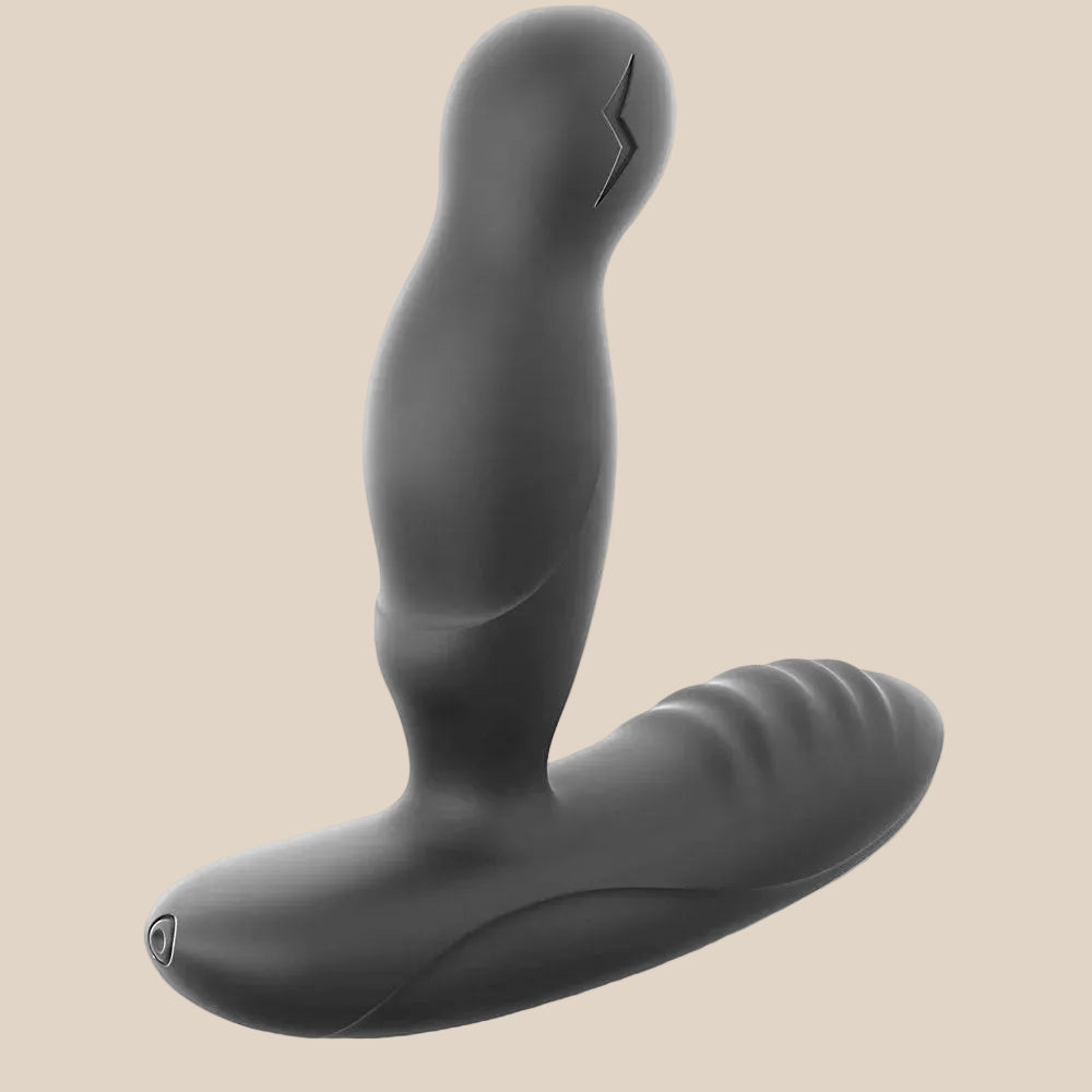 Black silicone prostate massager with ergonomic shape and textured base on a neutral background.
