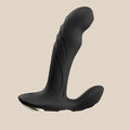 Black silicone prostate massager with ergonomic, curved design on light background