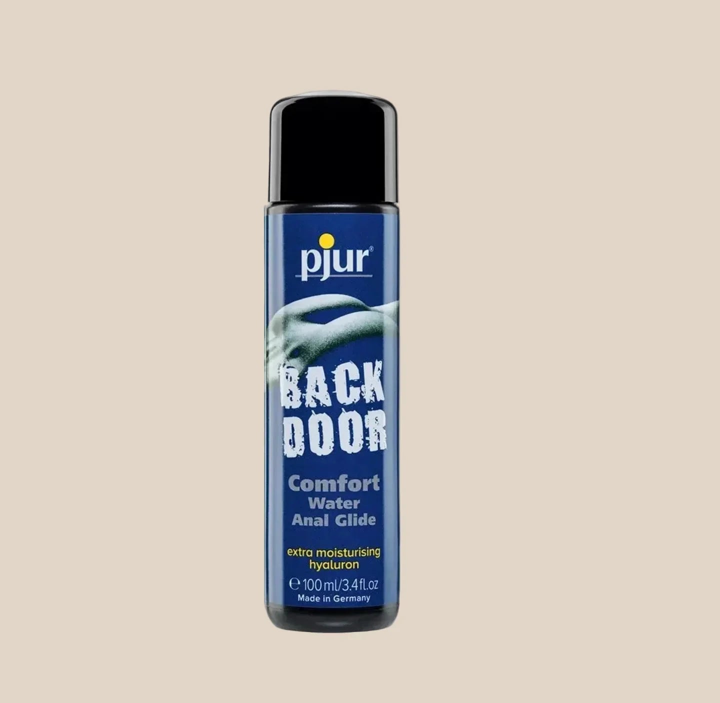 Pjur Back Door Comfort Water Anal Glide lubricant bottle, blue label, 100ml, beige background