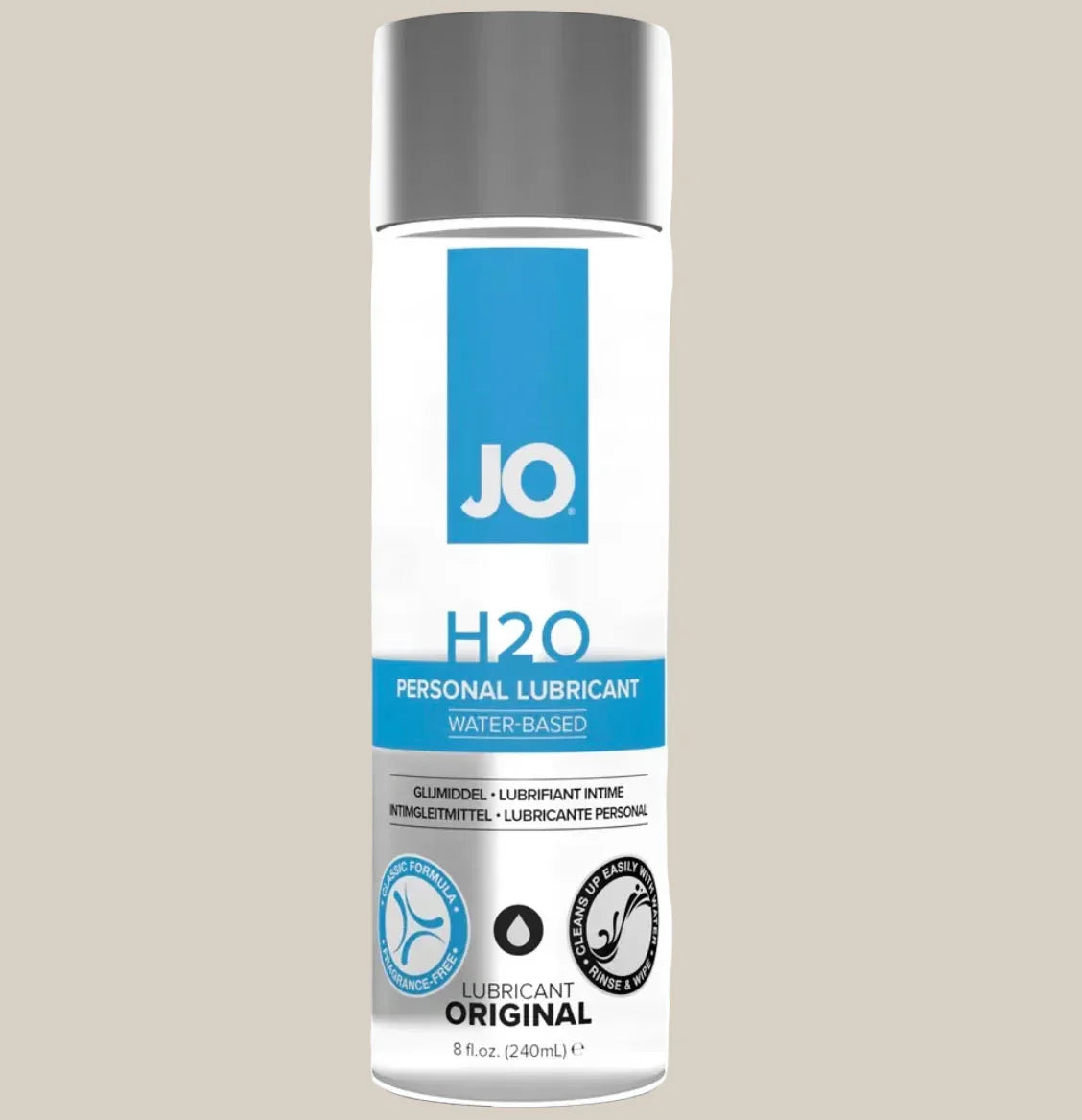 JO H2O water-based personal lubricant bottle with silver cap, 240ml size