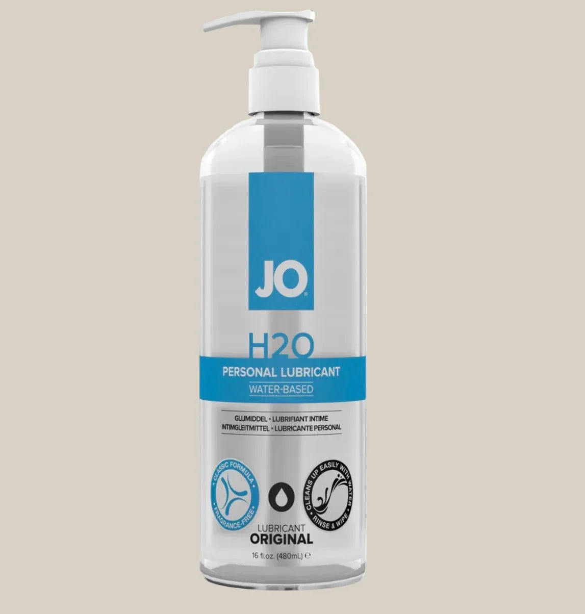 JO H2O water-based personal lubricant bottle with pump on neutral background