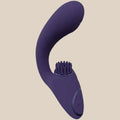 Purple silicone curved vibrator with brush stimulator and control buttons