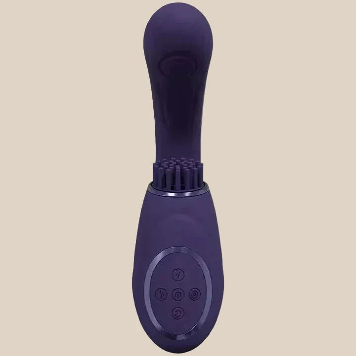 Purple silicone adult toy with textured tip and control buttons, displayed on neutral background