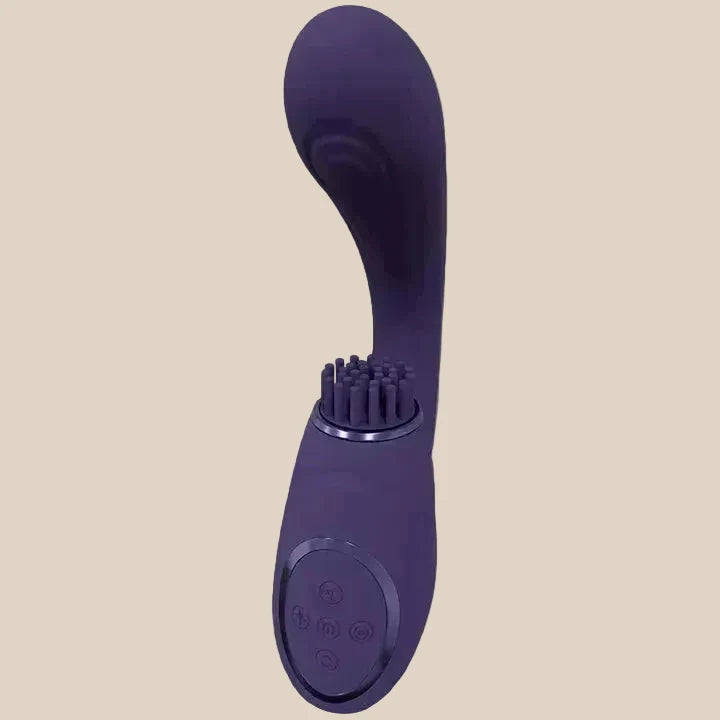 Purple silicone dual-action vibrator with textured stimulator and ergonomic controls