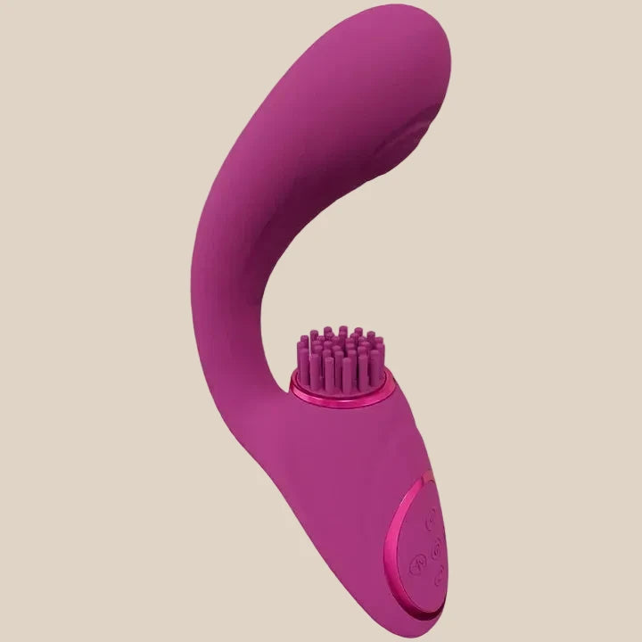 Pink silicone dual-stimulation vibrator with flexible curved design and textured stimulator