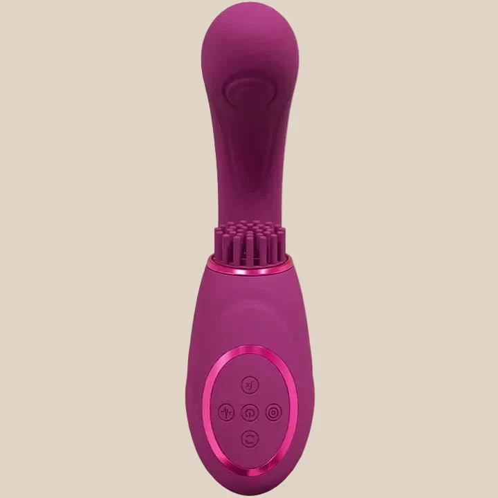 Purple silicone personal massager with rounded tip, textured bristles, and control buttons