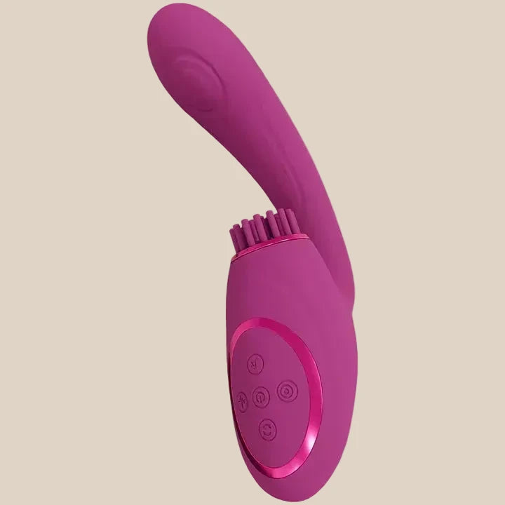 Purple silicone vibrator with curved shaft, textured tip, and control buttons for adult use