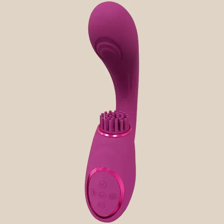 Purple silicone personal massager with curved shaft, textured stimulation head, and control buttons