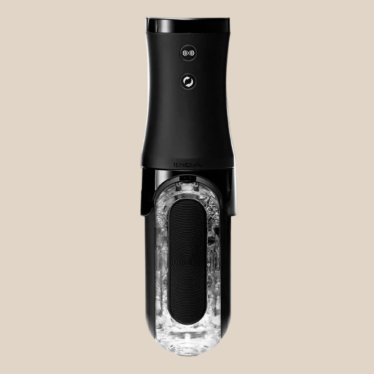 Black automatic pleasure device with transparent textured chamber on beige background