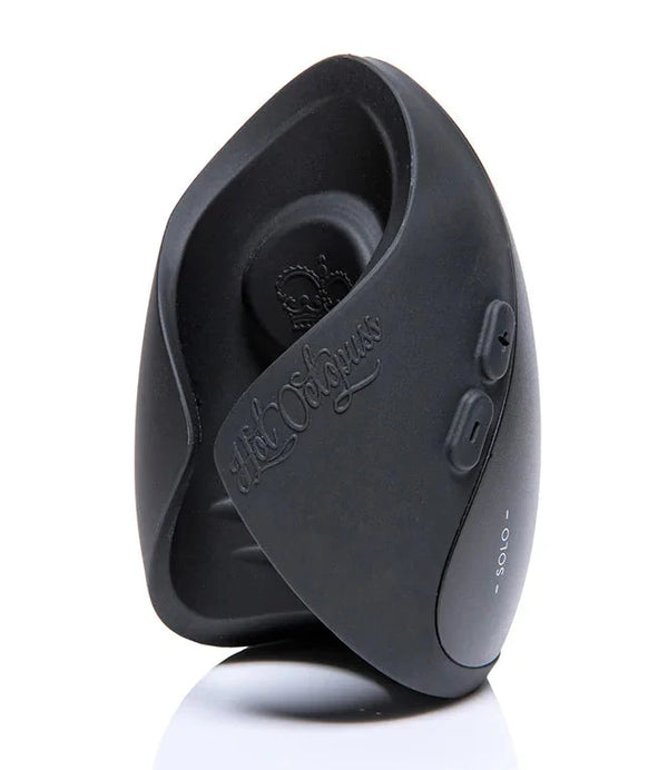 Black silicone adult toy with control buttons, designed for solo pleasure, on white background.