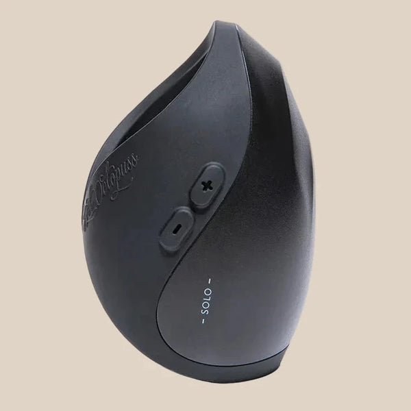 Black ergonomic adult toy with simple controls on white background