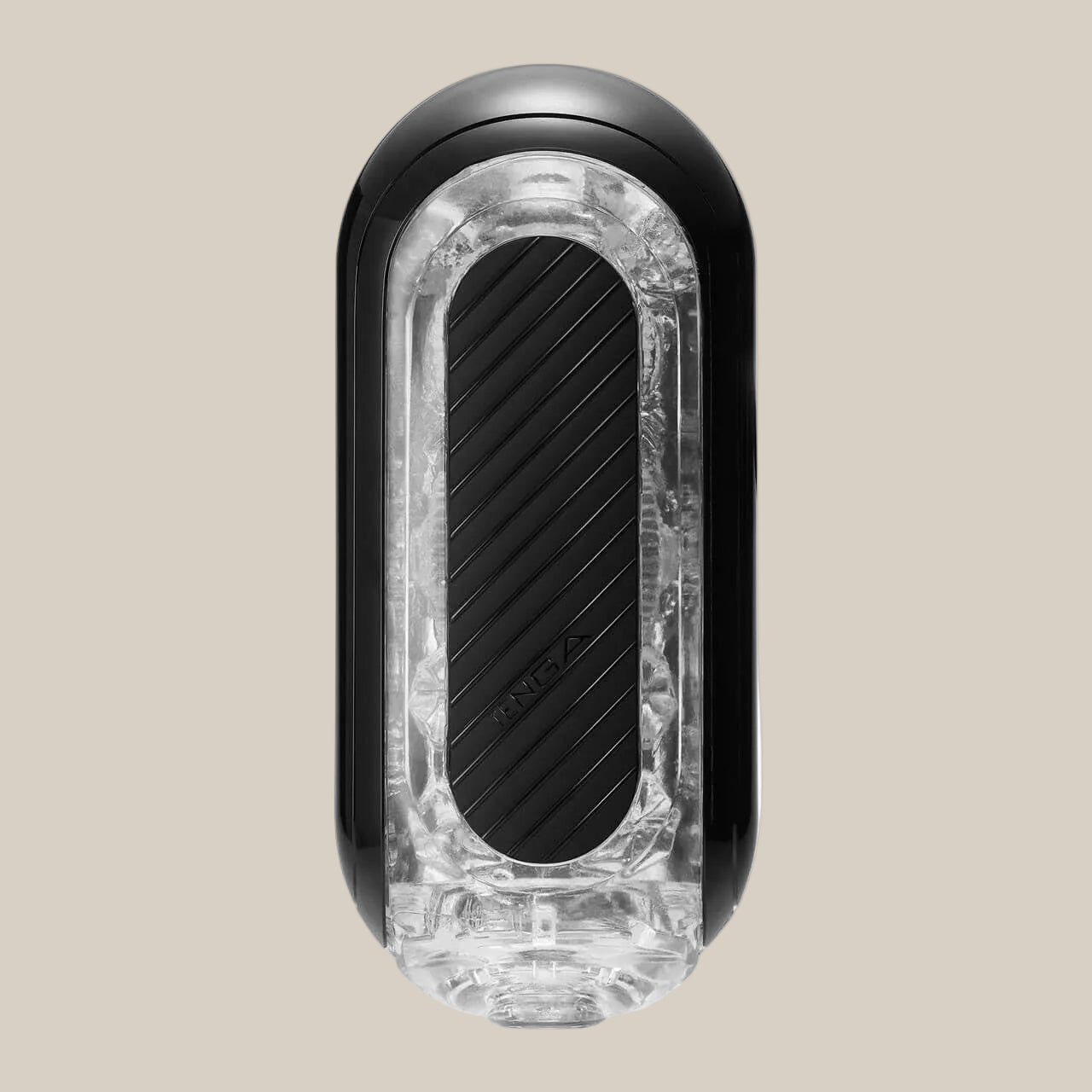 Black and clear male pleasure device with textured grip on neutral background