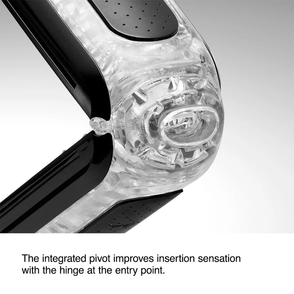 Close-up of a transparent male stroker with textured entry and black grip panels.