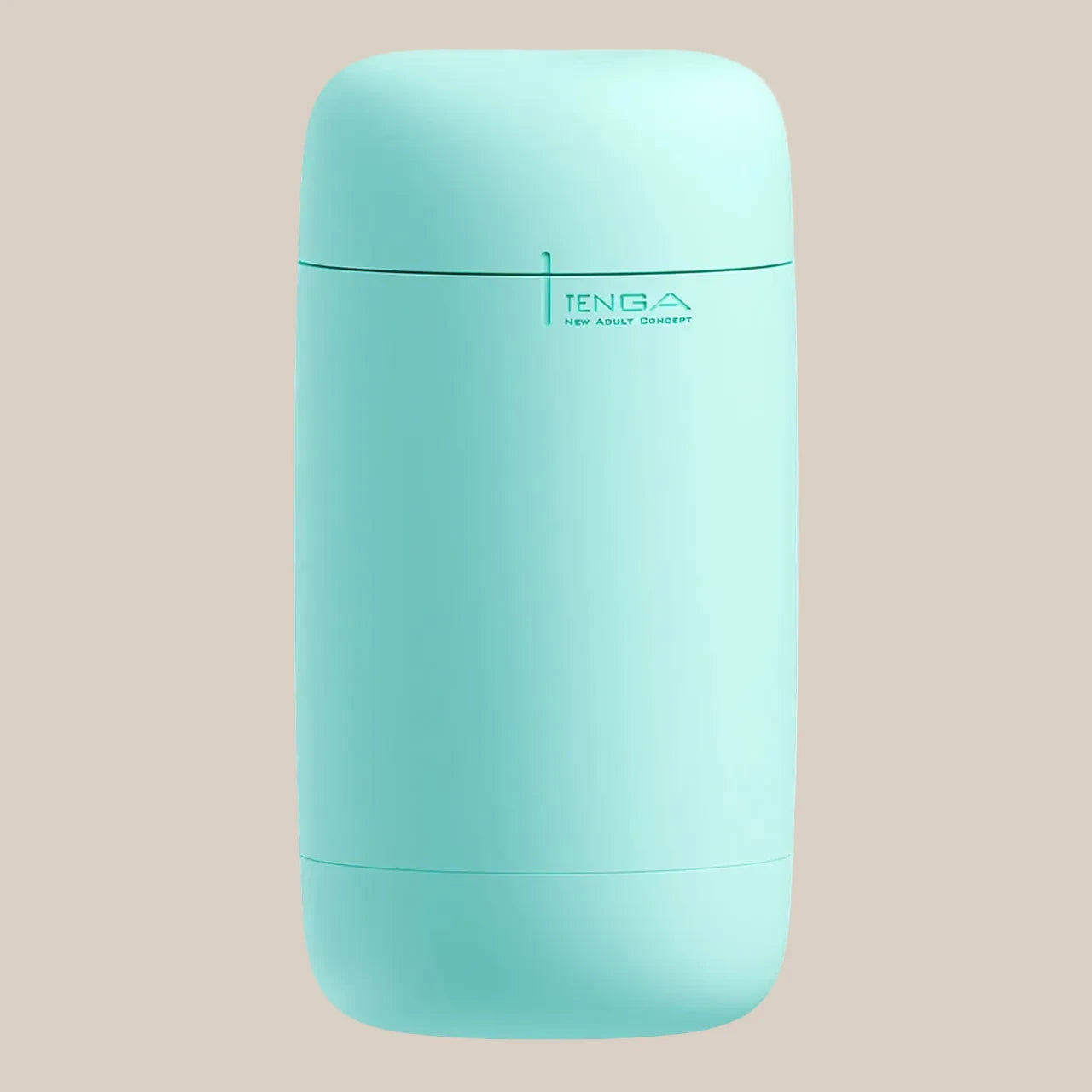 Mint green modern adult pleasure device with smooth cylindrical design on beige background