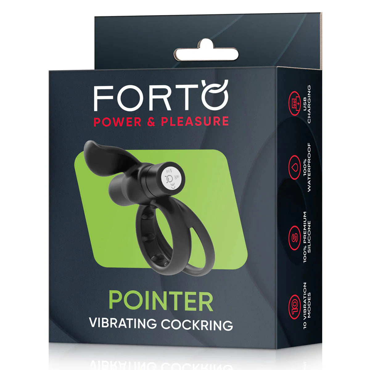 Forto Pointer vibrating ring product packaging, USB rechargeable, waterproof, silicone