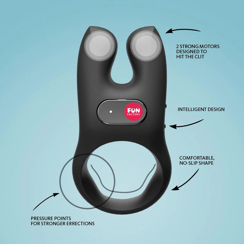 Black silicone vibrating ring with dual motors, ergonomic design, and comfort grip on blue background.