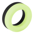 Black and neon green silicone ring, body-safe adult toy against white background