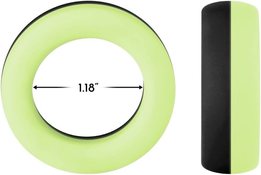 Glow-in-the-dark silicone ring, 1.18 inch inner diameter, black and green color.