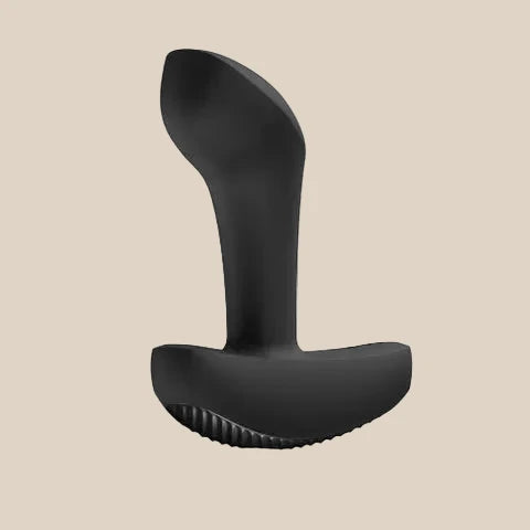Black silicone prostate massager with ergonomic design against white background