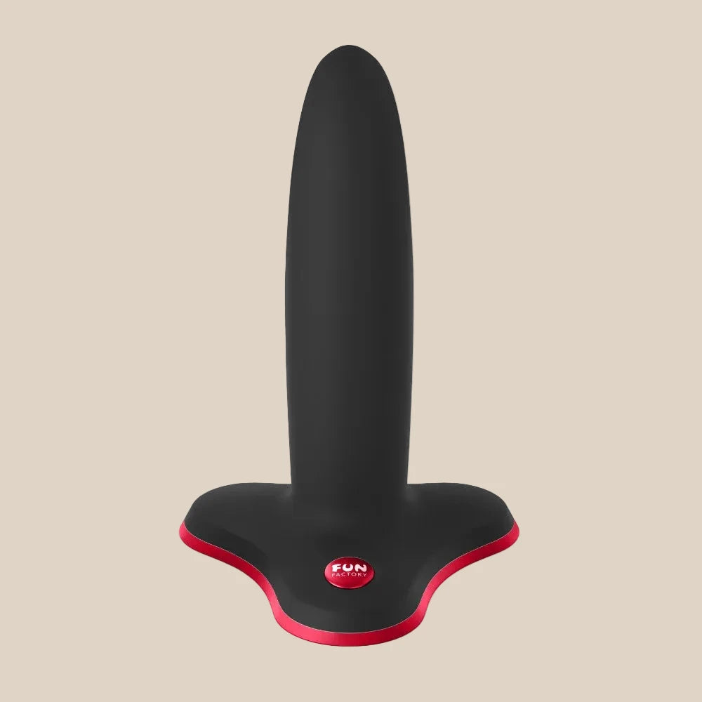 Black silicone butt plug with red base, body-safe adult toy on white background