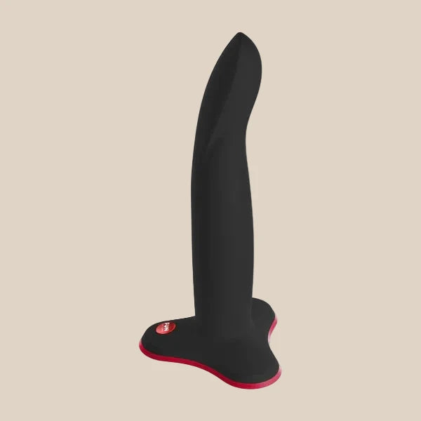 Black silicone dildo with curved shaft and flared base, adult body-safe pleasure toy