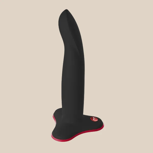 Black silicone dildo with curved tip and flared red base for adult pleasure