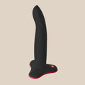 Black silicone dildo with curved tip and flared red base for adult pleasure