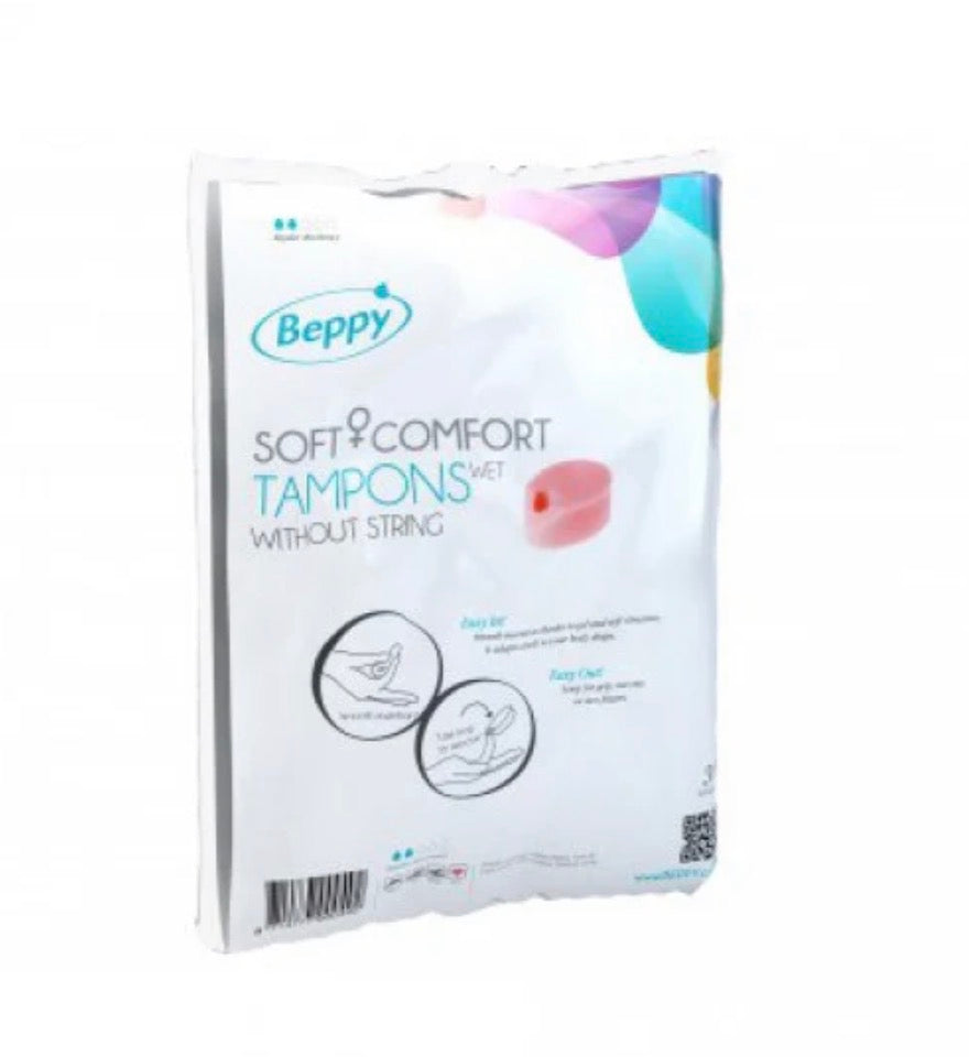 Beppy Soft Comfort wet tampons without string in white packaging, intimate care product