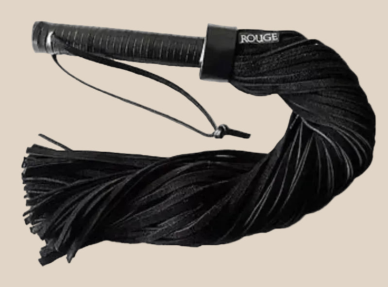 Black leather flogger with a textured handle and wrist loop for intimacy play