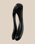 Black silicone adult toy with dual arms, ergonomic design, on white background