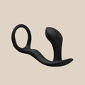 Black silicone prostate massager with cock ring, curved ergonomic shape, on white background