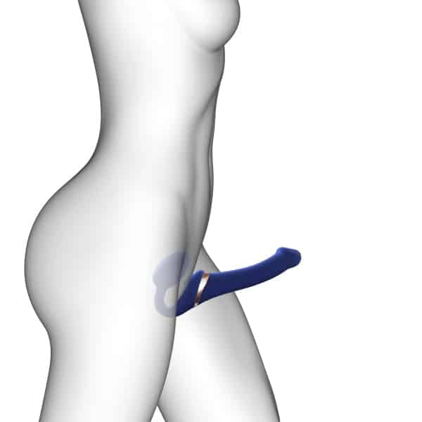 Blue strap-on harness on mannequin torso for couples intimacy