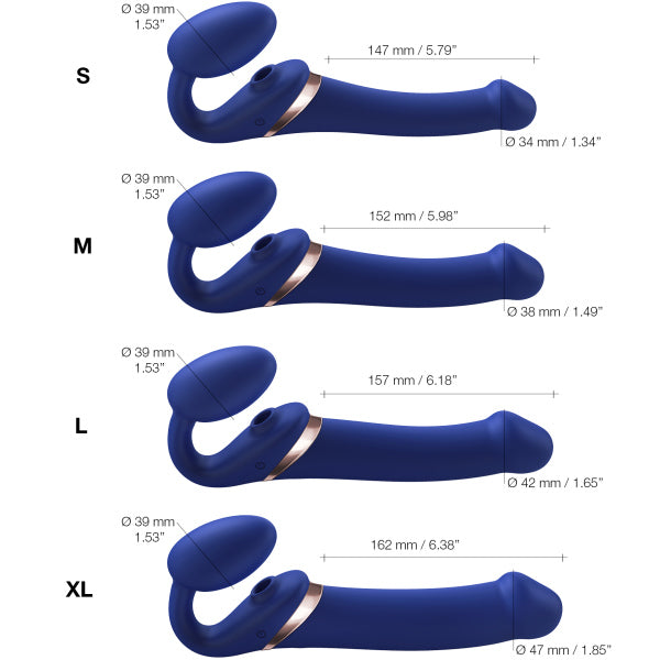 Blue silicone dual-action adult massagers in four sizes, each with labeled measurements.