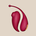 Red silicone dual stimulation adult toy with sleek, modern design on a neutral background