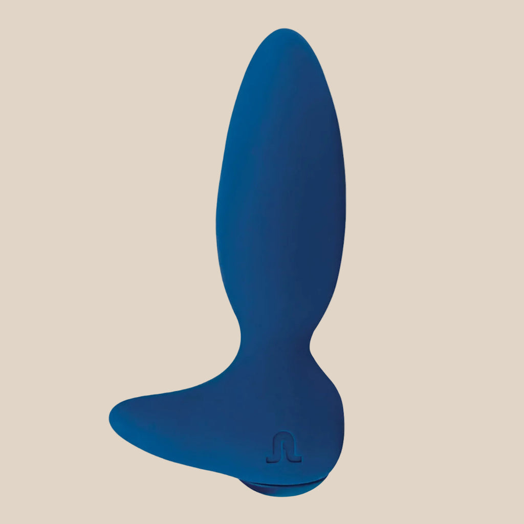 Blue silicone prostate massager with a curved ergonomic design on a plain background