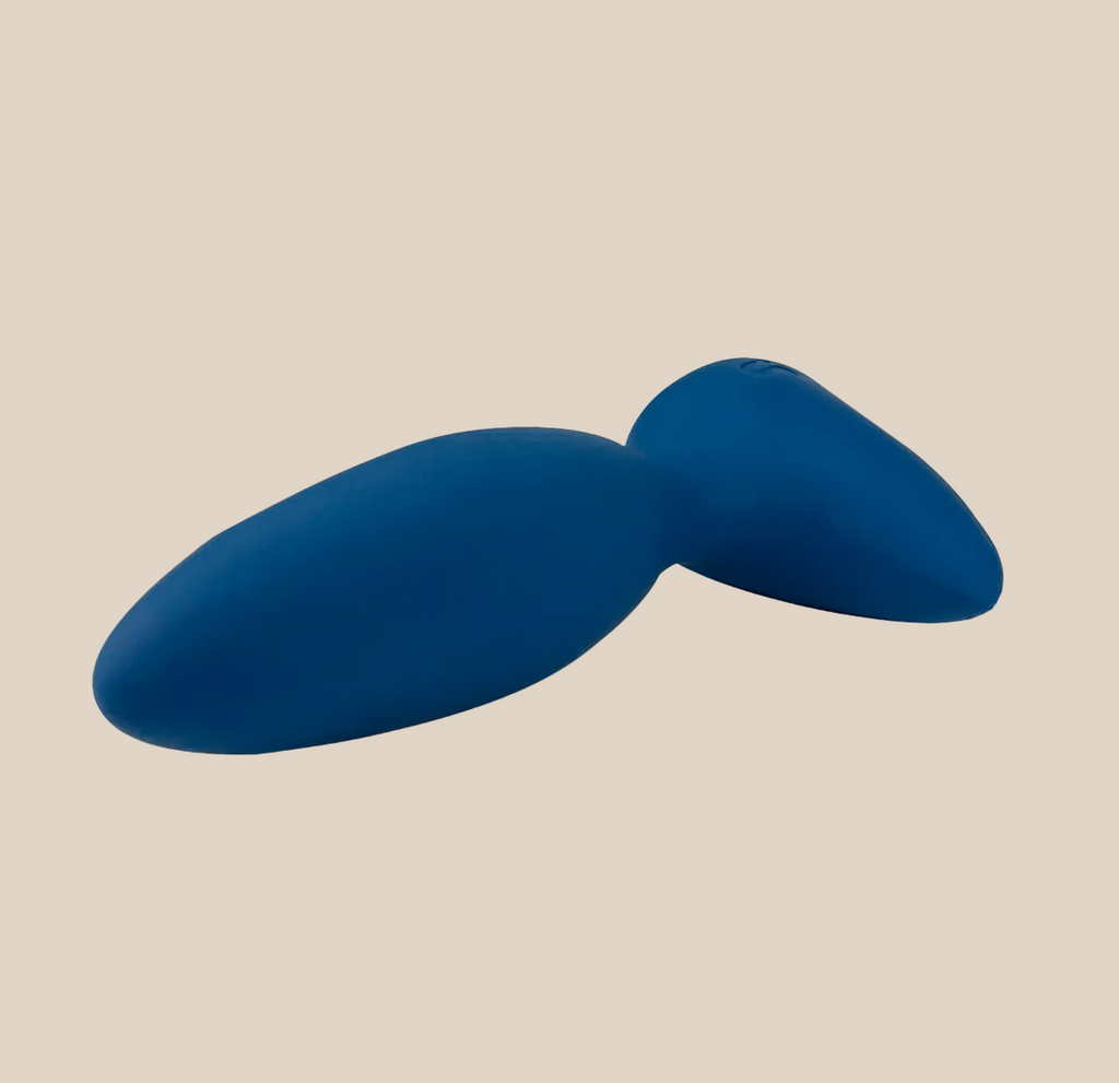 Blue silicone dual-ended adult toy with smooth, ergonomic design on white background
