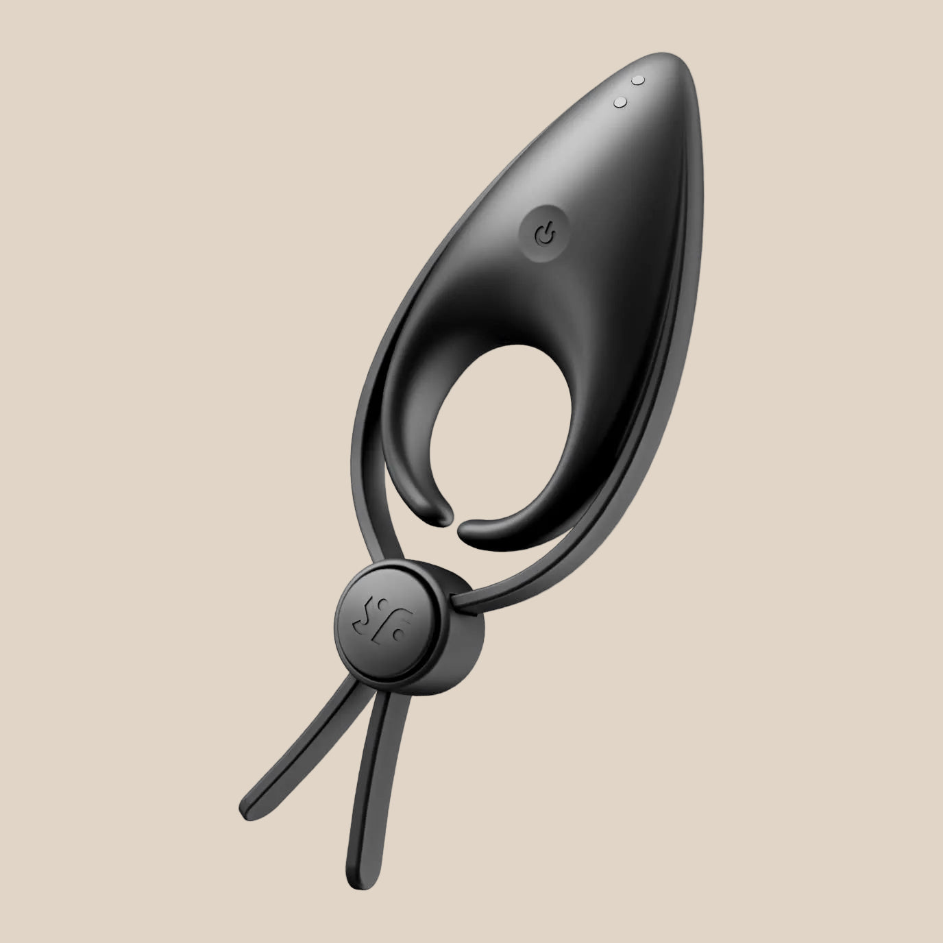 Black silicone rechargeable vibrating couples ring with adjustable strap, isolated on white