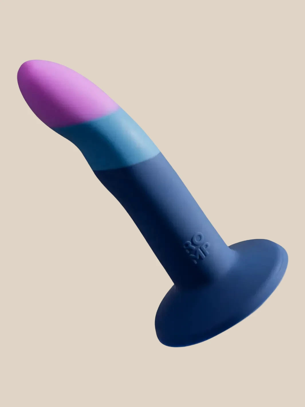 Colorful silicone suction-base dildo, body-safe adult toy on white background.