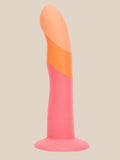 Colorful silicone adult toy with curved tip and suction cup base on light background