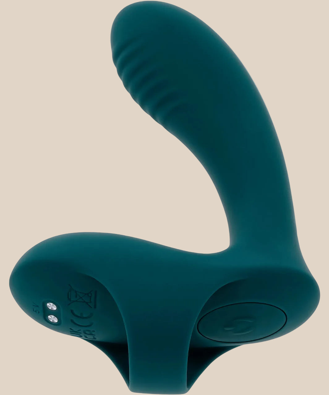 Teal silicone dual-stimulation adult toy with ridged tip and ergonomic design